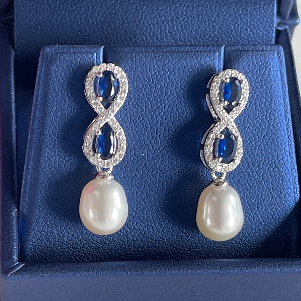 925S Blue Gemstones Stud Earrings With Cultured Freshwater Pearl and Zirconia - Picture 5 of 16